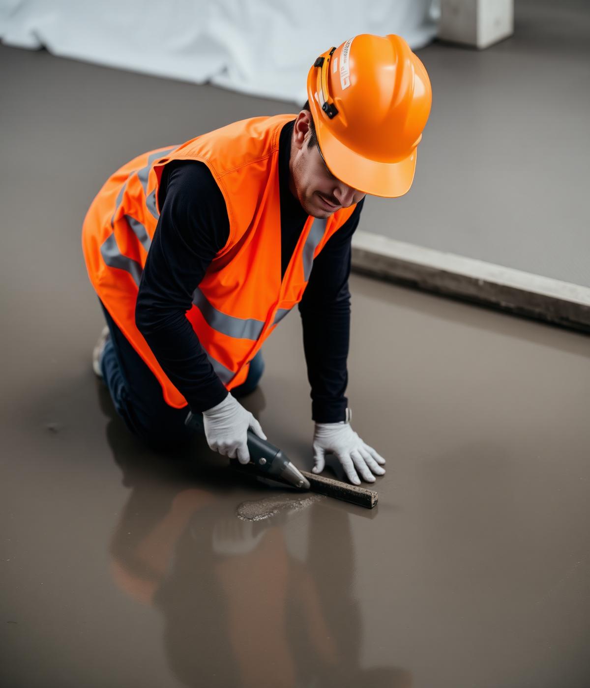 Profissional finalizando piso de concreto